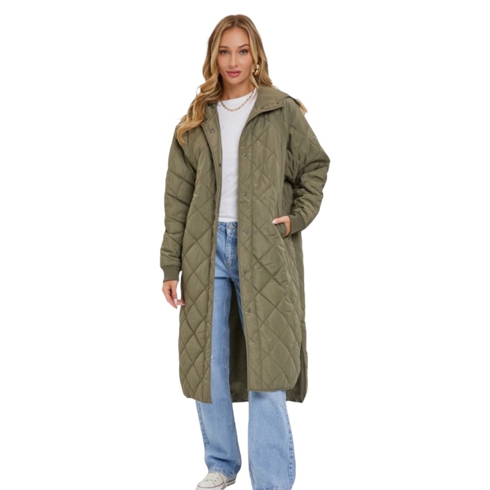 Long Quilted Puffer Coat in Olive Green